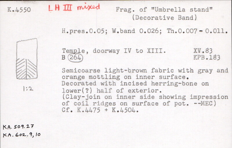 Index card with typed and handwritten information, sometimes including a sketch, of pottery from an excavation.