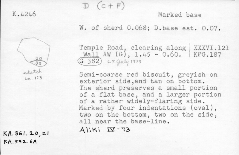 Index card with typed and handwritten information, sometimes including a sketch, of pottery from an excavation.
