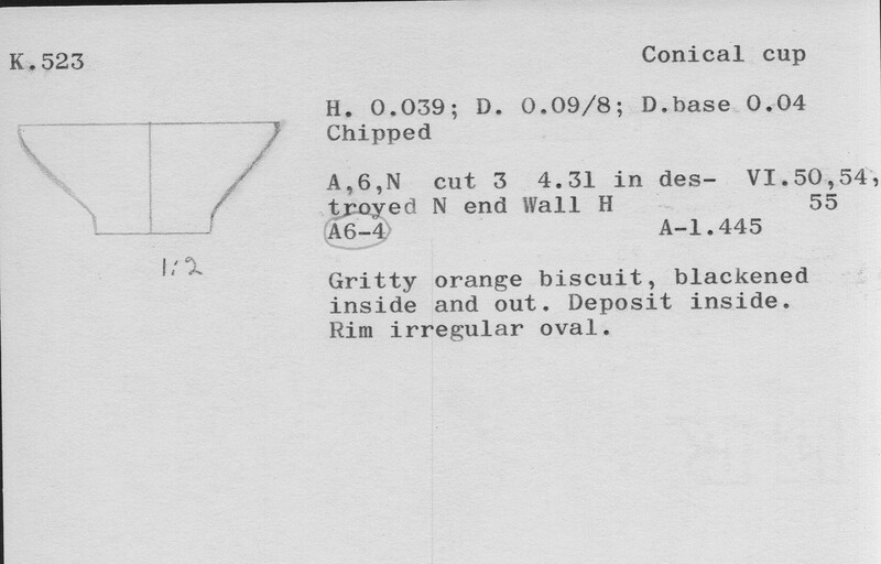 Index card with typed and handwritten information, sometimes including a sketch, of pottery from an excavation.
