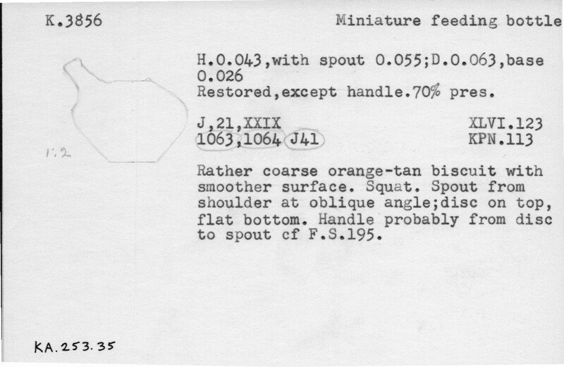 Index card with typed and handwritten information, sometimes including a sketch, of pottery from an excavation.