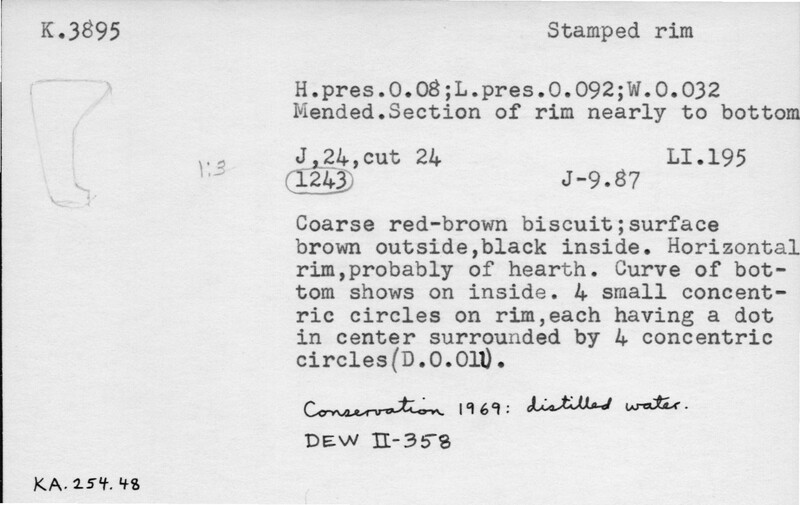 Index card with typed and handwritten information, sometimes including a sketch, of pottery from an excavation.
