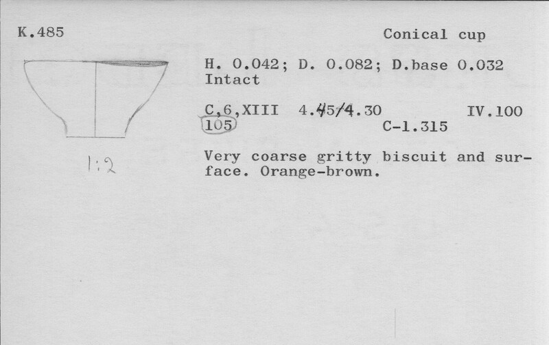Index card with typed and handwritten information, sometimes including a sketch, of pottery from an excavation.