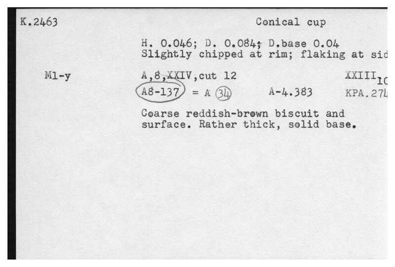 Index card with typed and handwritten information, sometimes including a sketch, of pottery from an excavation.