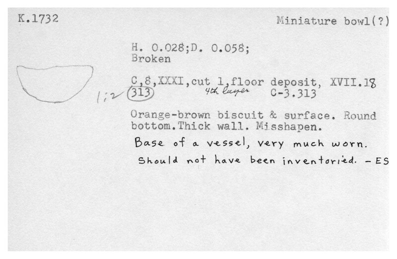 Index card with typed and handwritten information, sometimes including a sketch, of pottery from an excavation.