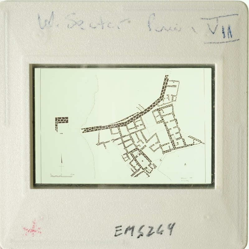 Old map with handwritten notes and numbers on white background.