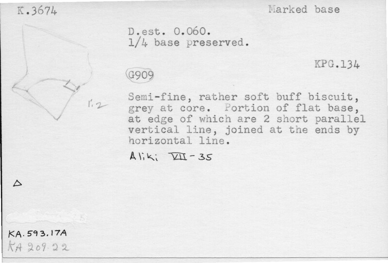 Index card with typed and handwritten information, sometimes including a sketch, of pottery from an excavation.