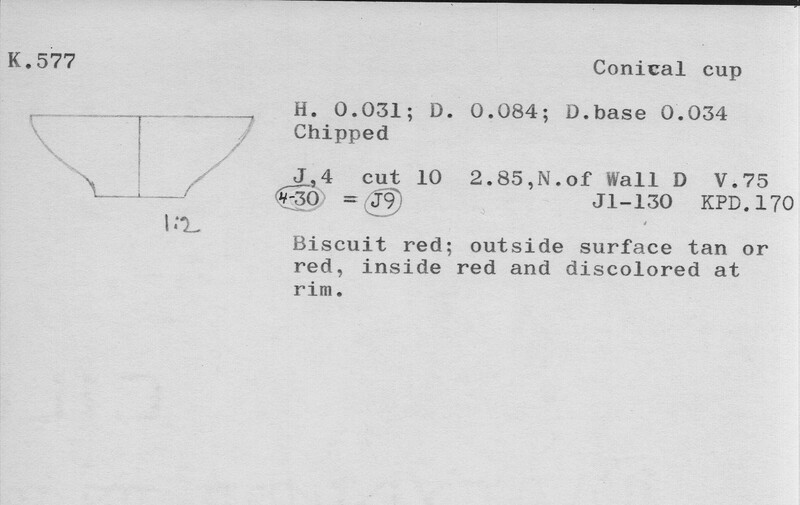 Index card with typed and handwritten information, sometimes including a sketch, of pottery from an excavation.