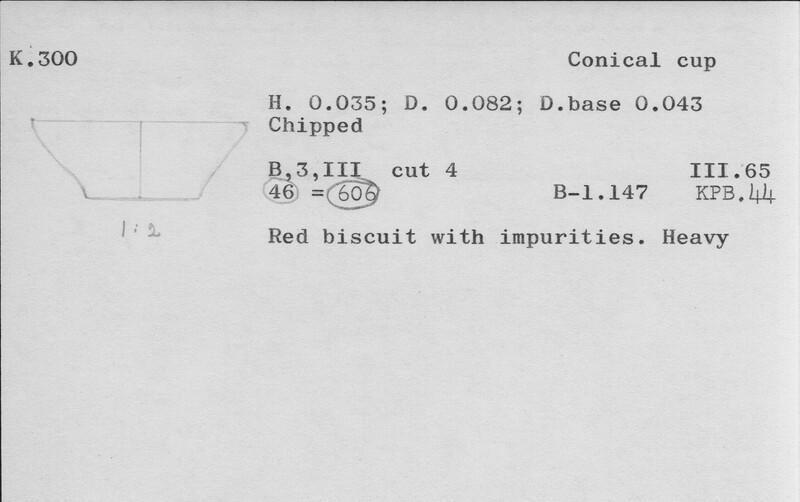 Index card with typed and handwritten information, sometimes including a sketch, of pottery from an excavation.