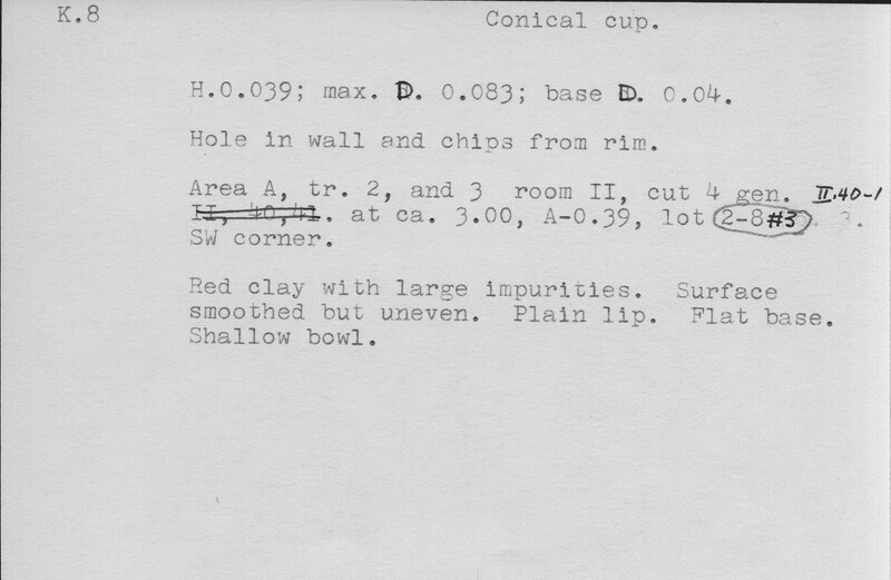 Index card with typed and handwritten information, sometimes including a sketch, of pottery from an excavation.