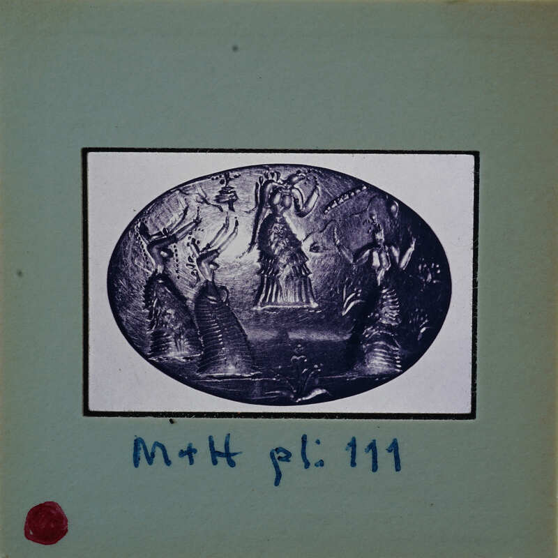 Ancient Greek seal stone with mythological figures, labeled as "M&H pl:111".