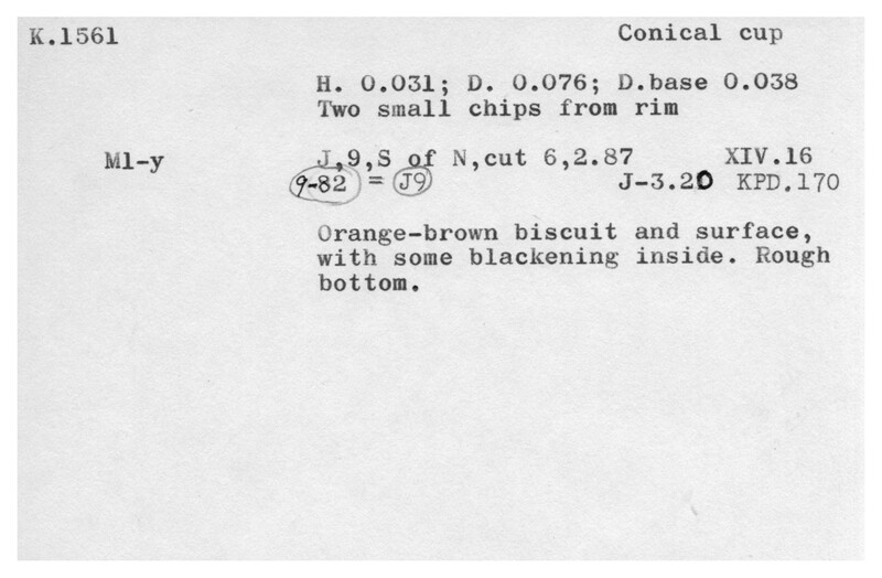 Index card with typed and handwritten information, sometimes including a sketch, of pottery from an excavation.