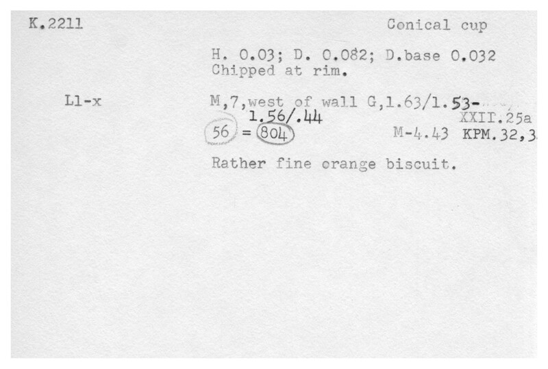 Index card with typed and handwritten information, sometimes including a sketch, of pottery from an excavation.