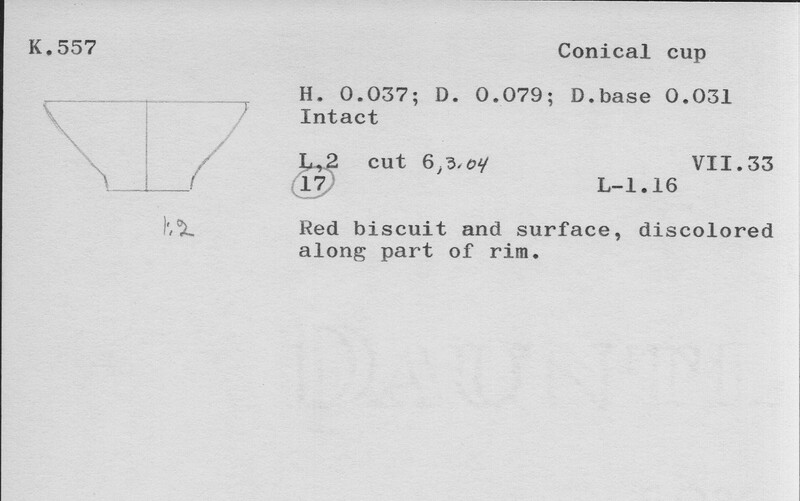 Index card with typed and handwritten information, sometimes including a sketch, of pottery from an excavation.
