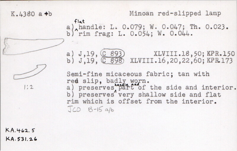 Index card with typed and handwritten information, sometimes including a sketch, of pottery from an excavation.
