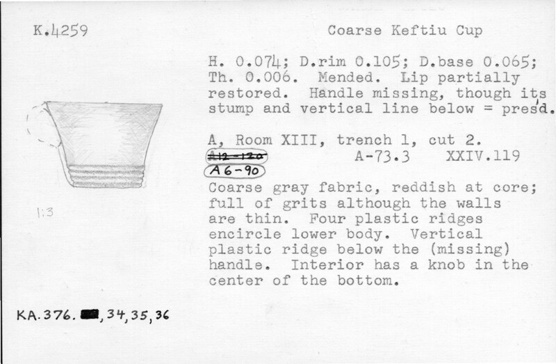 Index card with typed and handwritten information, sometimes including a sketch, of pottery from an excavation.