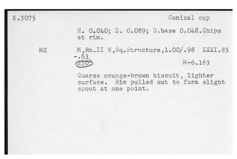 Index card with typed and handwritten information, sometimes including a sketch, of pottery from an excavation.