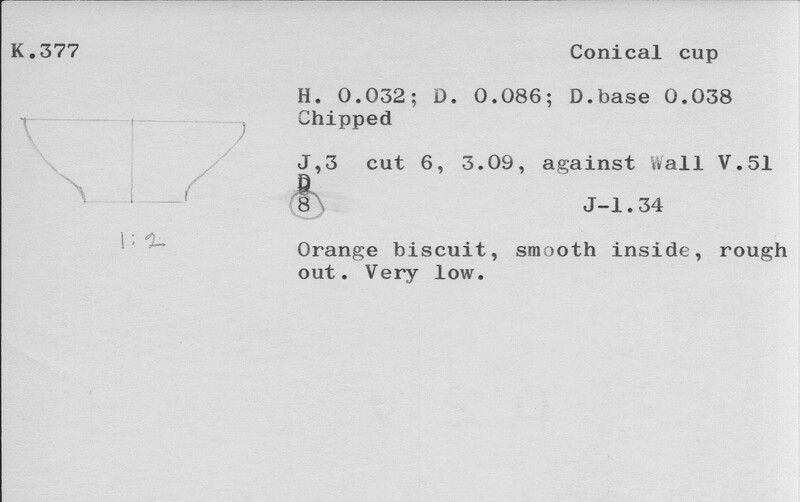 Index card with typed and handwritten information, sometimes including a sketch, of pottery from an excavation.