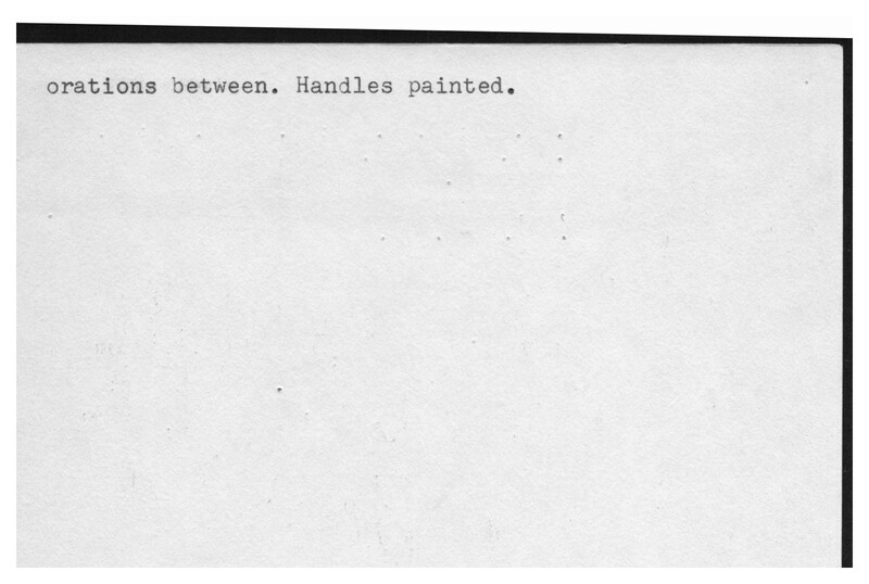 Index card with typed and handwritten information, sometimes including a sketch, of pottery from an excavation.