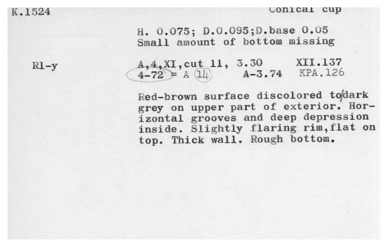 Index card with typed and handwritten information, sometimes including a sketch, of pottery from an excavation.