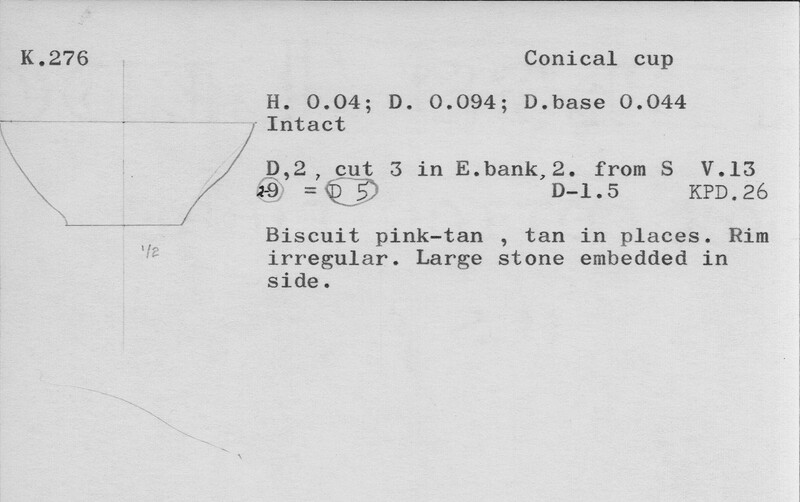 Index card with typed and handwritten information, sometimes including a sketch, of pottery from an excavation.