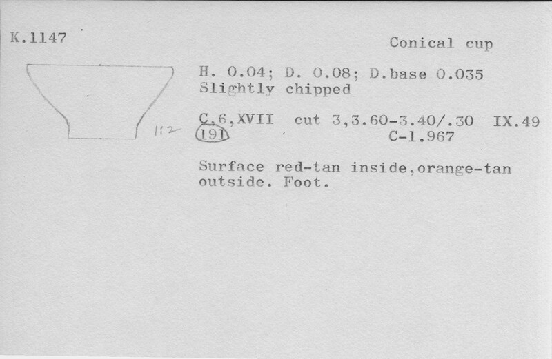 Index card with typed and handwritten information, sometimes including a sketch, of pottery from an excavation.