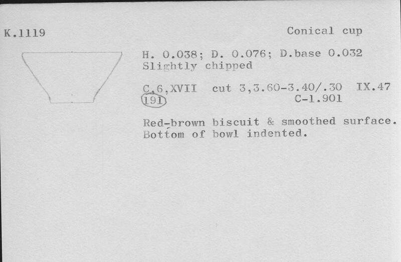 Index card with typed and handwritten information, sometimes including a sketch, of pottery from an excavation.
