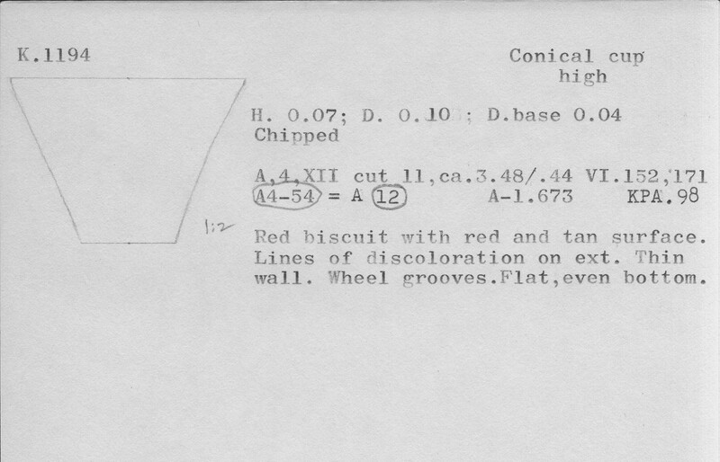 Index card with typed and handwritten information, sometimes including a sketch, of pottery from an excavation.