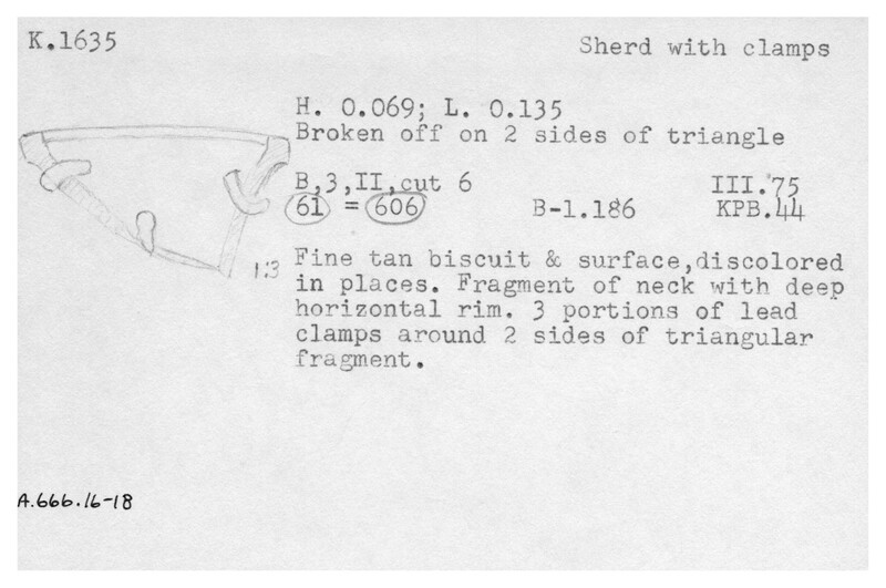 Index card with typed and handwritten information, sometimes including a sketch, of pottery from an excavation.