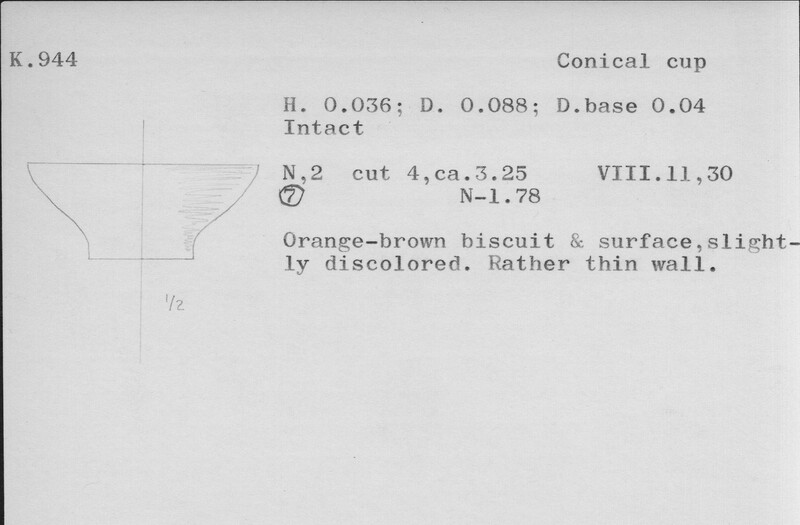 Index card with typed and handwritten information, sometimes including a sketch, of pottery from an excavation.