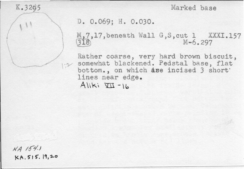 Index card with typed and handwritten information, sometimes including a sketch, of pottery from an excavation.