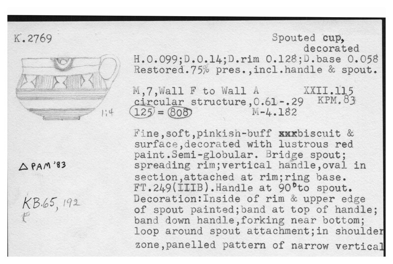 Index card with typed and handwritten information, sometimes including a sketch, of pottery from an excavation.