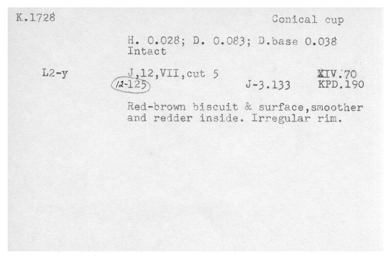 Index card with typed and handwritten information, sometimes including a sketch, of pottery from an excavation.