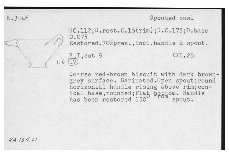 Index card with typed and handwritten information, sometimes including a sketch, of pottery from an excavation.