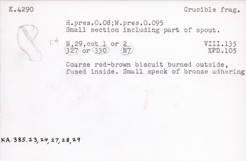 Index card with typed and handwritten information, sometimes including a sketch, of pottery from an excavation.