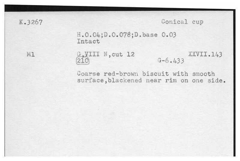 Index card with typed and handwritten information, sometimes including a sketch, of pottery from an excavation.