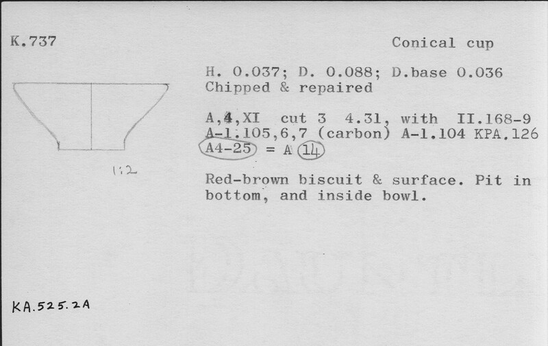 Index card with typed and handwritten information, sometimes including a sketch, of pottery from an excavation.