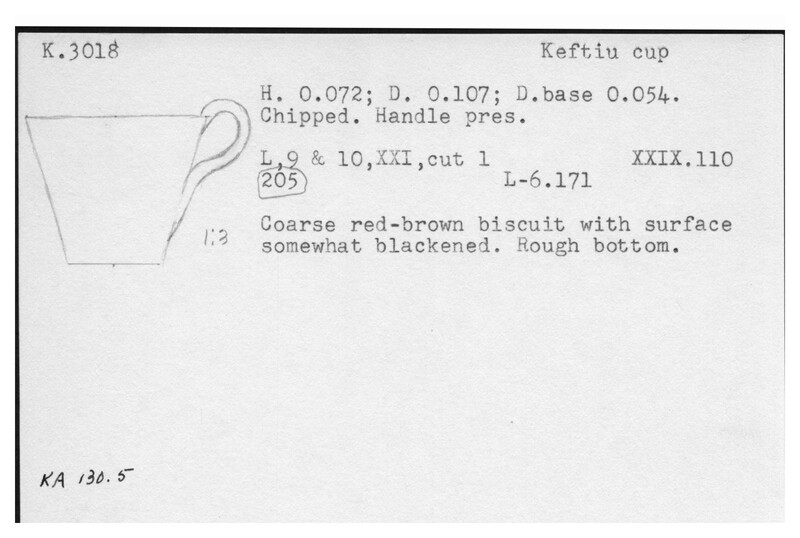 Index card with typed and handwritten information, sometimes including a sketch, of pottery from an excavation.