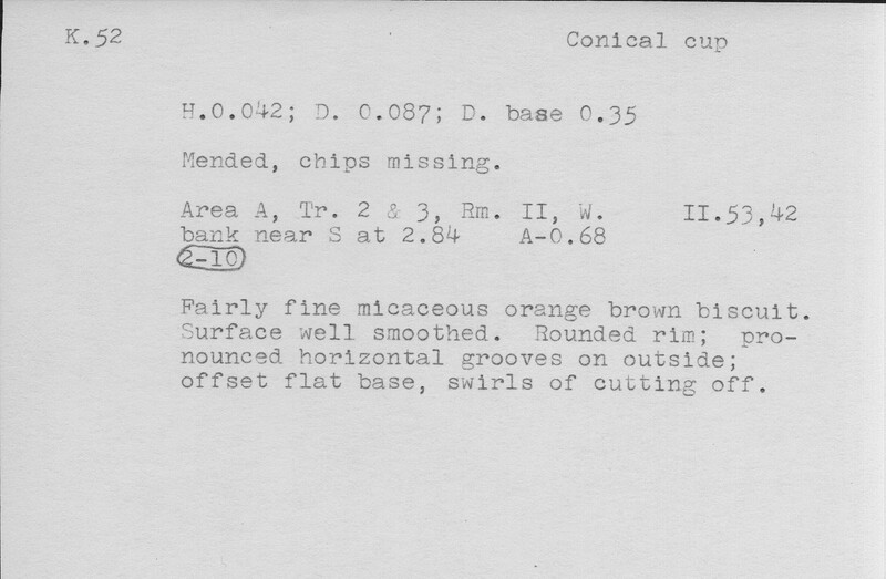 Index card with typed and handwritten information, sometimes including a sketch, of pottery from an excavation.