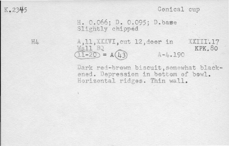 Index card with typed and handwritten information, sometimes including a sketch, of pottery from an excavation.