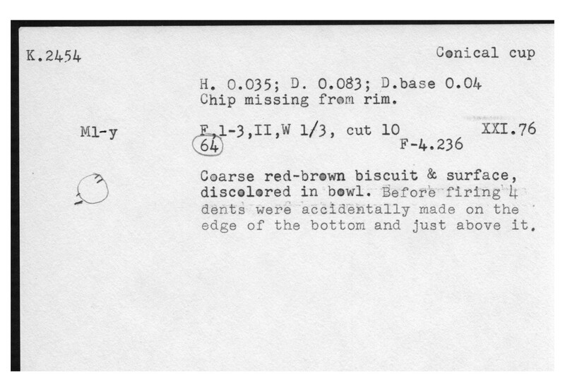 Index card with typed and handwritten information, sometimes including a sketch, of pottery from an excavation.