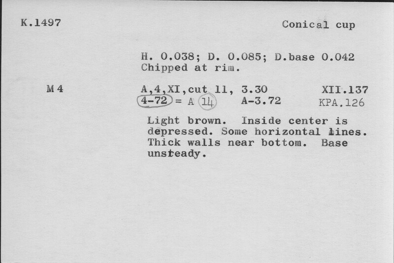 Index card with typed and handwritten information, sometimes including a sketch, of pottery from an excavation.