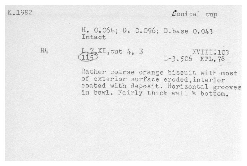 Index card with typed and handwritten information, sometimes including a sketch, of pottery from an excavation.