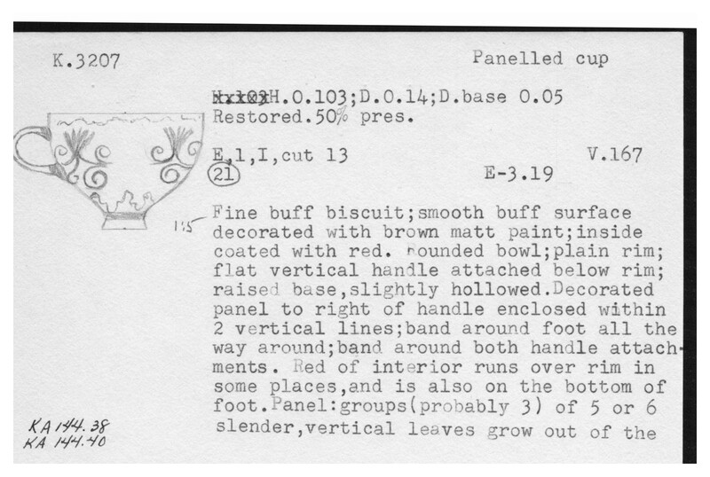 Index card with typed and handwritten information, sometimes including a sketch, of pottery from an excavation.