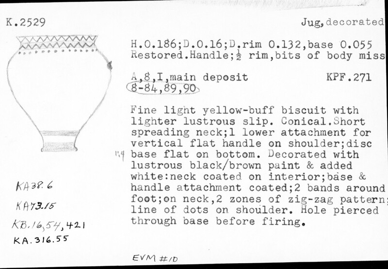 Index card with typed and handwritten information, sometimes including a sketch, of pottery from an excavation.
