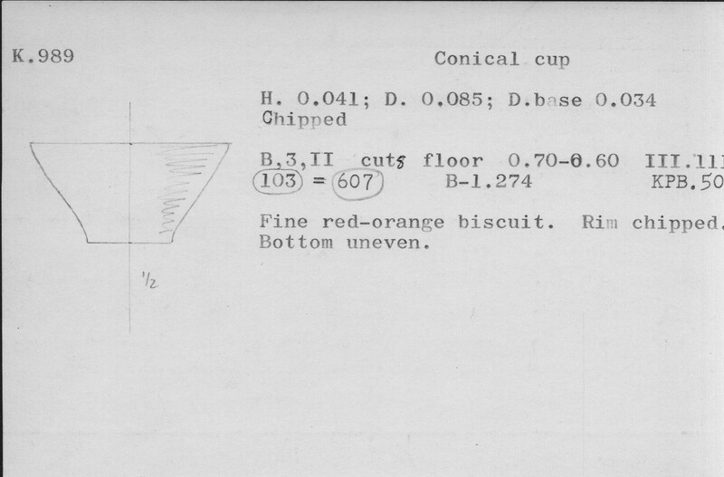 Index card with typed and handwritten information, sometimes including a sketch, of pottery from an excavation.