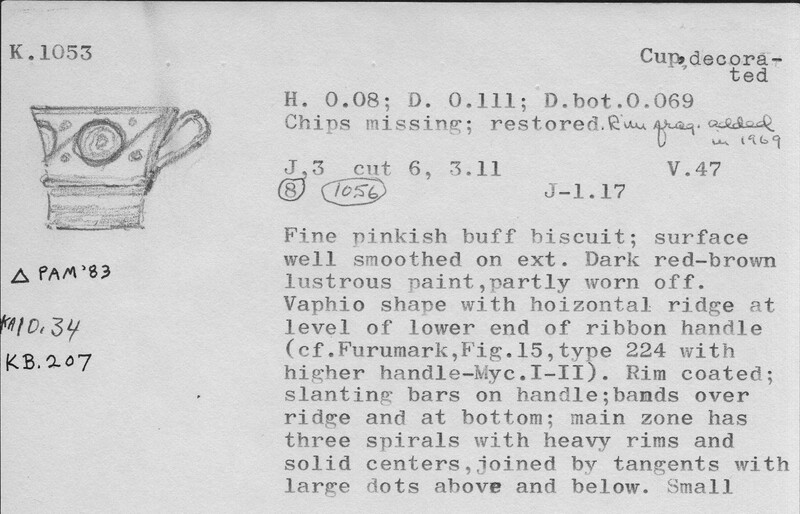 Index card with typed and handwritten information, sometimes including a sketch, of pottery from an excavation.