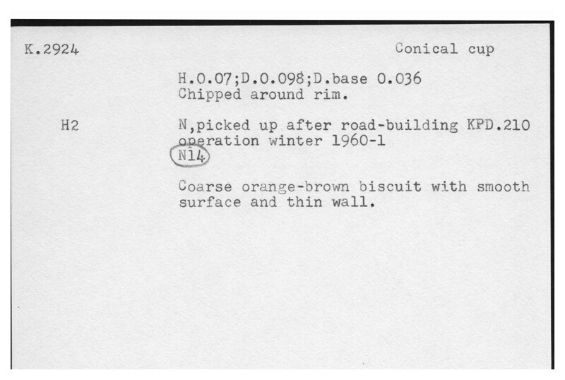 Index card with typed and handwritten information, sometimes including a sketch, of pottery from an excavation.