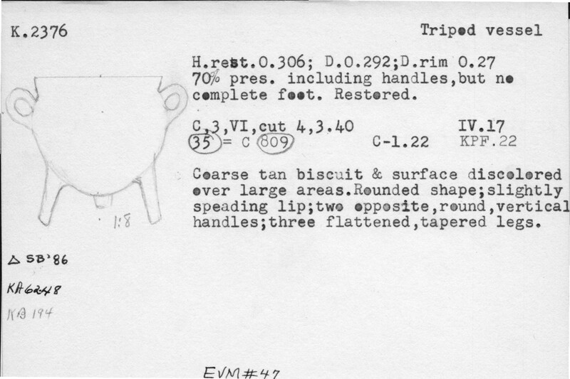 Index card with typed and handwritten information, sometimes including a sketch, of pottery from an excavation.