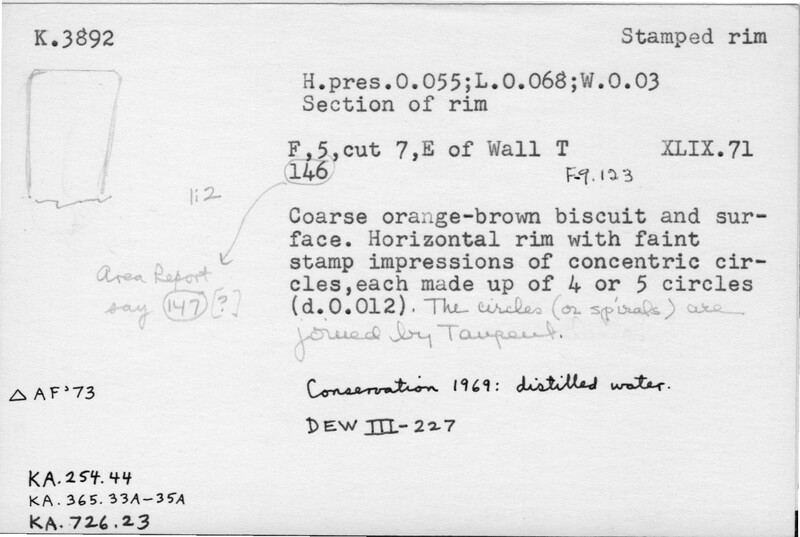 Index card with typed and handwritten information, sometimes including a sketch, of pottery from an excavation.