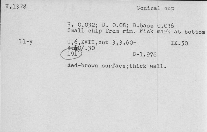 Index card with typed and handwritten information, sometimes including a sketch, of pottery from an excavation.